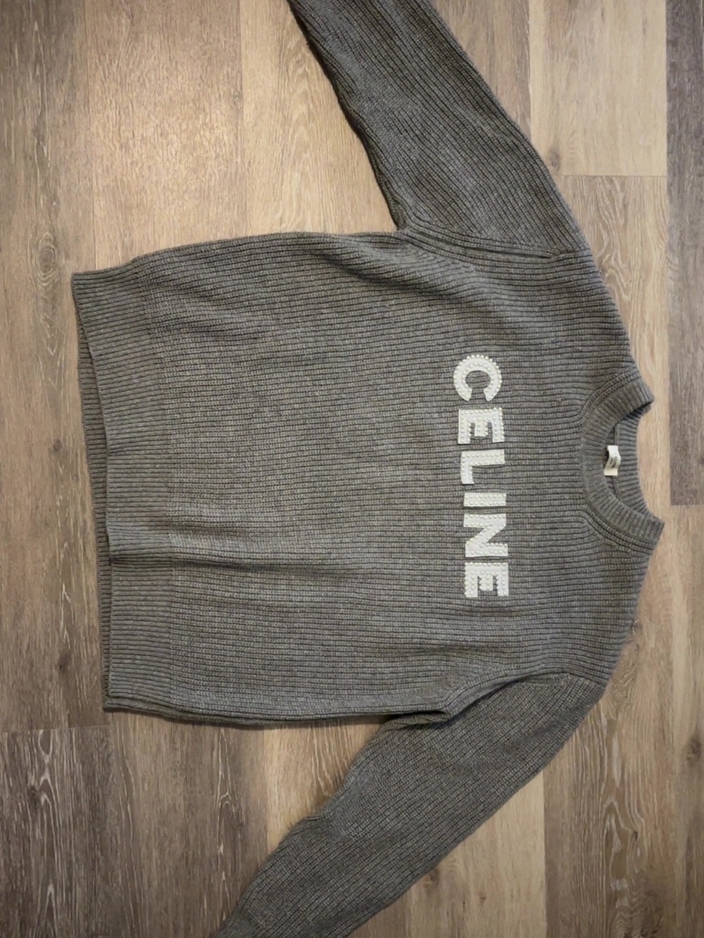 Celine Paris Authentic Gray Ribbed Logo Crewneck Sweater XL